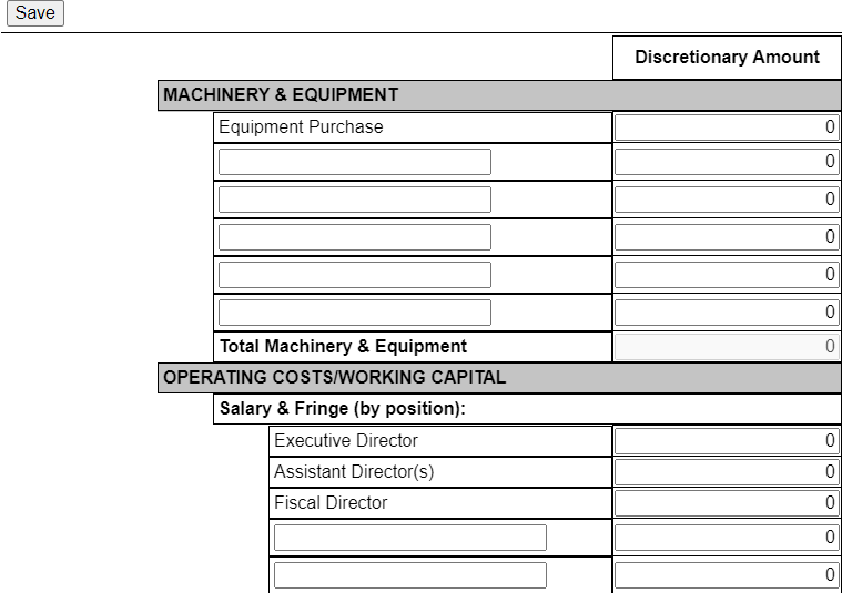 Example of budget section to enter discretionary amounts.