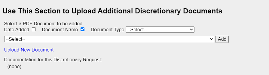 example of section to upload discretionary documents.