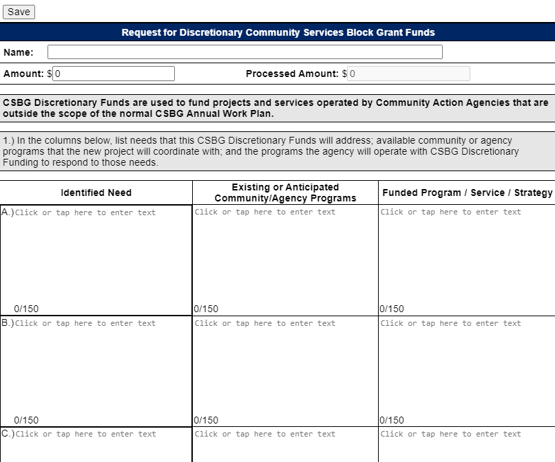 example of header to enter request name and amount and community action plan needs rows.