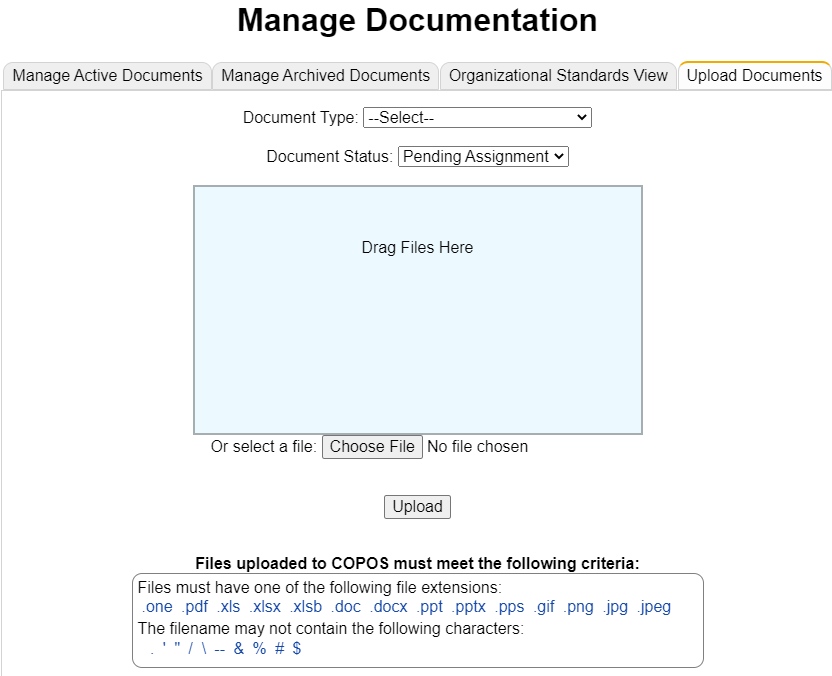 Example of manage documentation upload documents tab to upload documents to discretionary request.