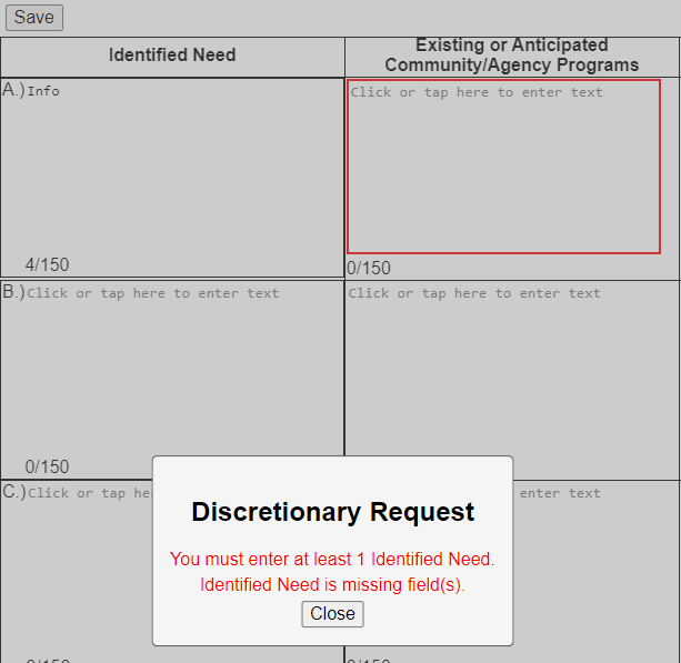 Example of community action plan needs row missing information and identified as an error.