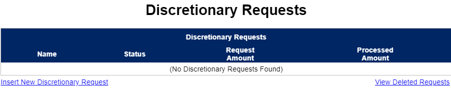 example of discretionary request table with no requests, insert new and view deleted links.