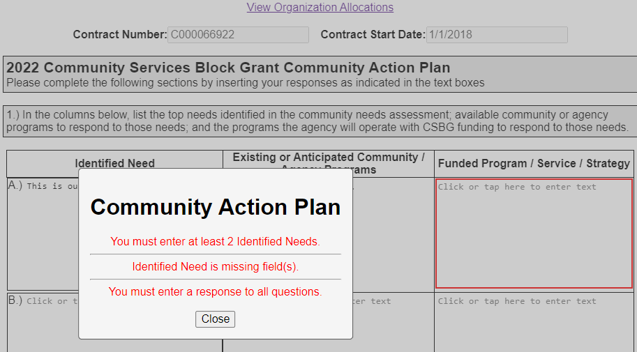 Example of agency work plan community action plan block not completed with red border and error message.